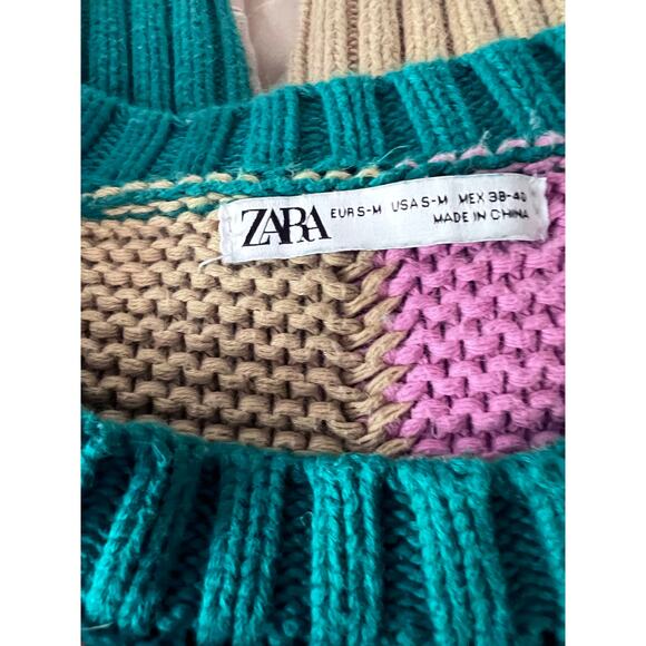 Zara Sweater Womens S-M Colorblock Knit Cotton‎ Long Sleeve Cozy Winter Pullover - Picture 5 of 9